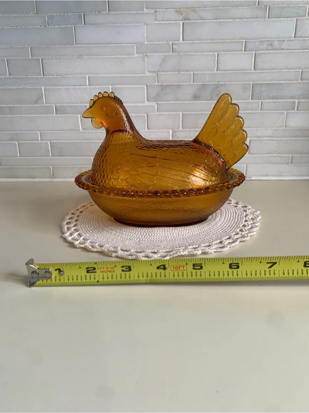 Vintage Indiana Glass Amber Hen on Nest 7” Beaded Rim Covered Dish